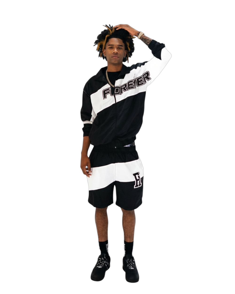 Windbreaker Short Set White & Black