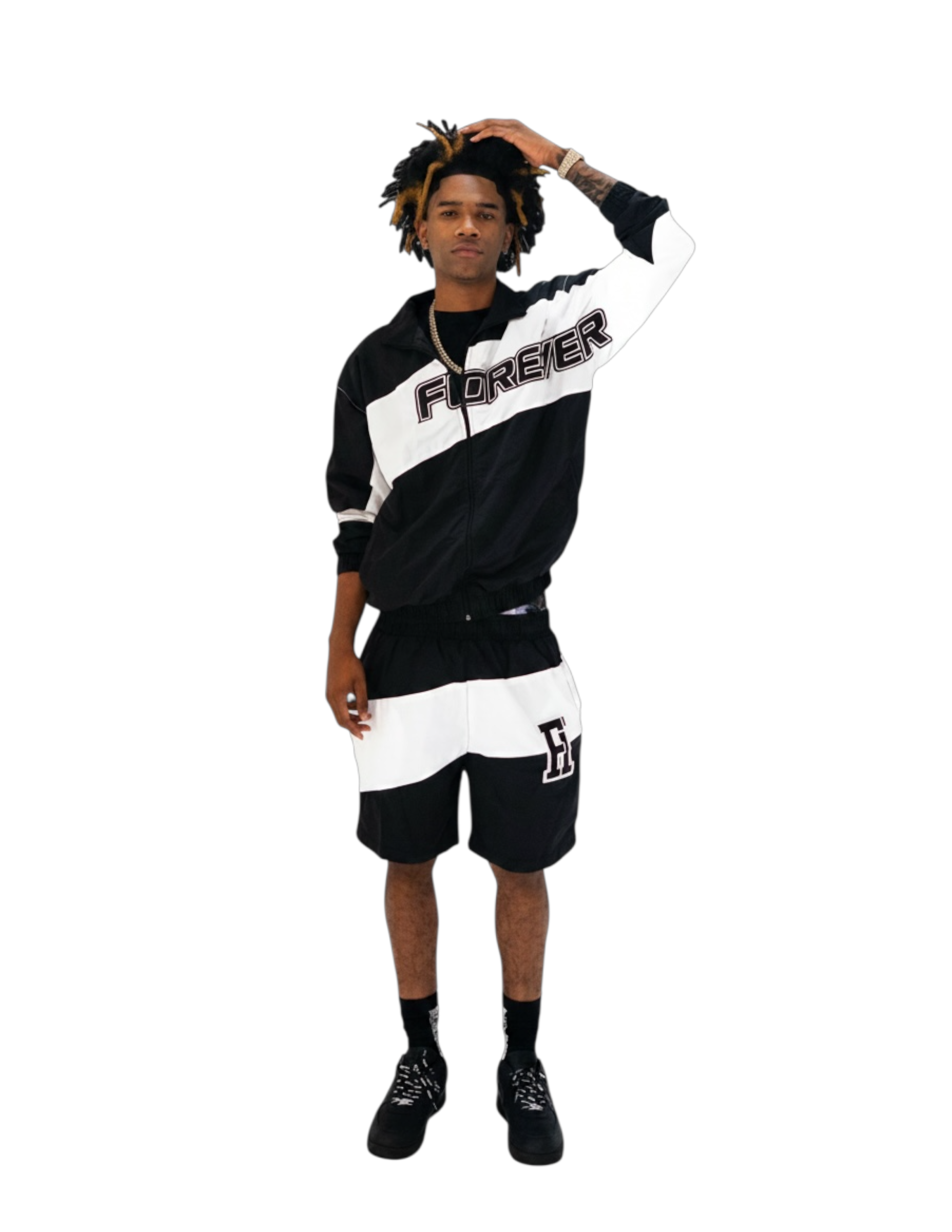 Windbreaker Short Set White & Black