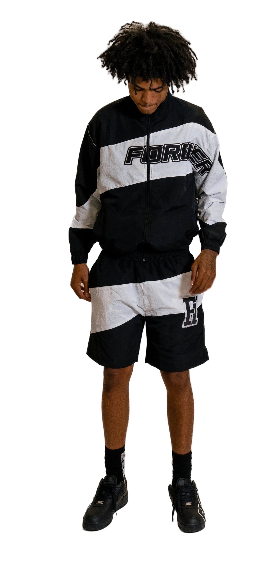 Windbreaker Short Set White & Black