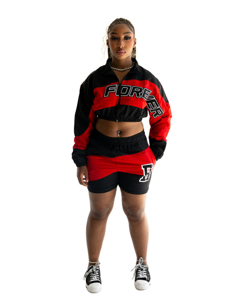 Windbreaker Short Set Womens Red & Black